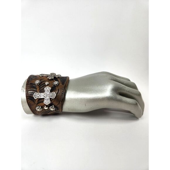 American West Tooled Leather Cross Cuff Bracelet Brown Silver Studded Boho - Picture 2 of 7